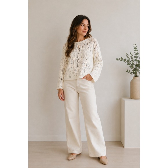 Universal Thread Sweaters - Universal Thread Ivory Crochet Knit Sweater Boho‎ Cottagecore Soft Girl Top Sz M